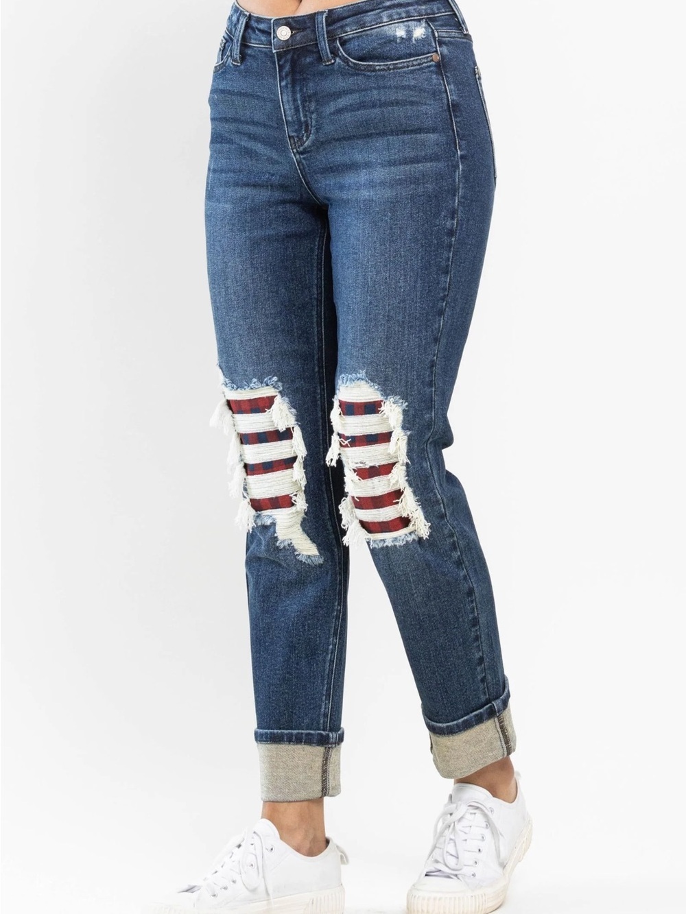 Judy Blue Plaid Patchwork Boyfriend Jeans Mid Rise Women's Size 29